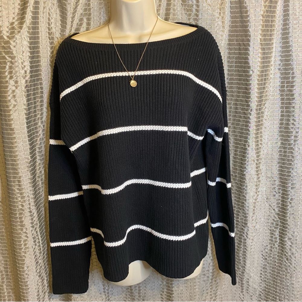 Talbots Pima Cotton Black Sweater with White Stripes Medium